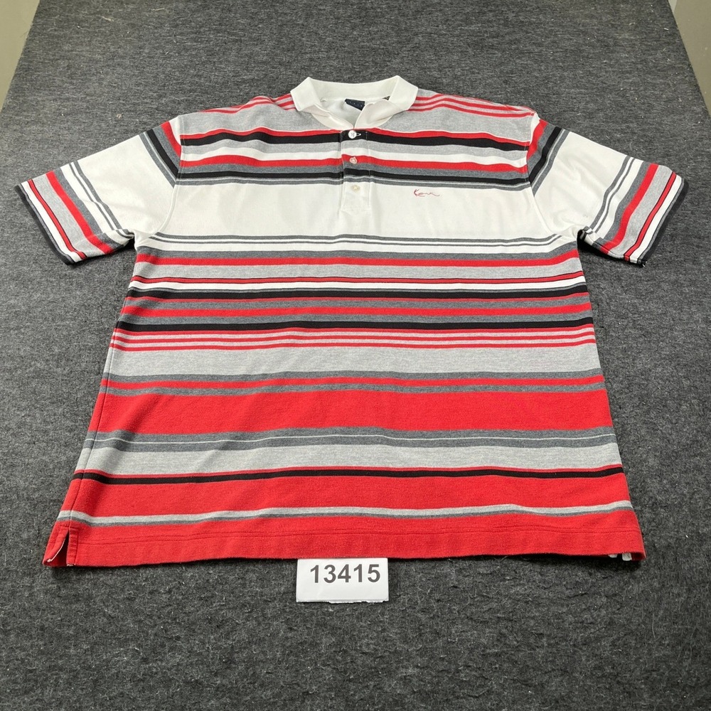 Vintage Karl Kani Gold Polo Shirt Mens 3X Multicolor Striped Cotton Y2K Hip Hop